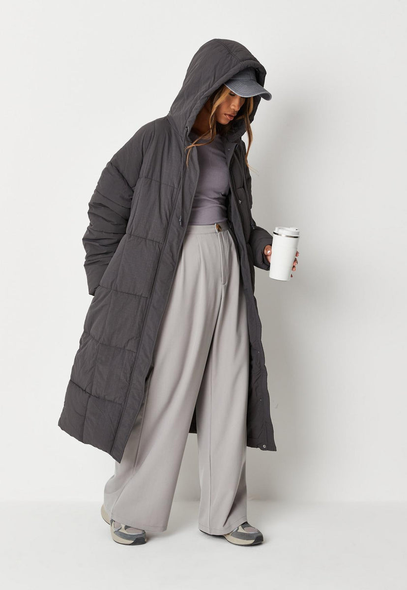 Missguided Charcoal Vertical Seamed Longline Puffer Coat TAAYBLUE