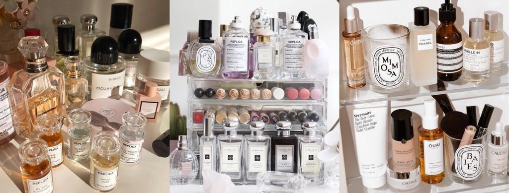 collage of beauty products and perfumes