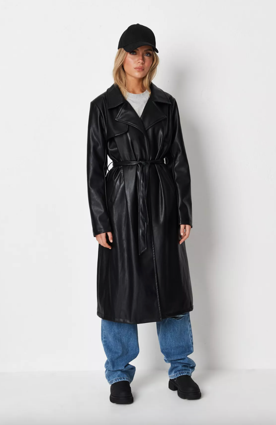 Missguided black faux leather trench coat